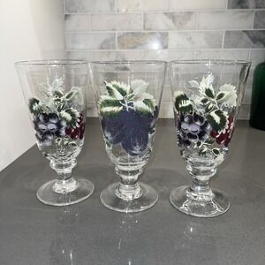 3 VINTAGE HAND PAINTED Enamel 8" Goblets Glasses Wine Water Iced Tea Grapes